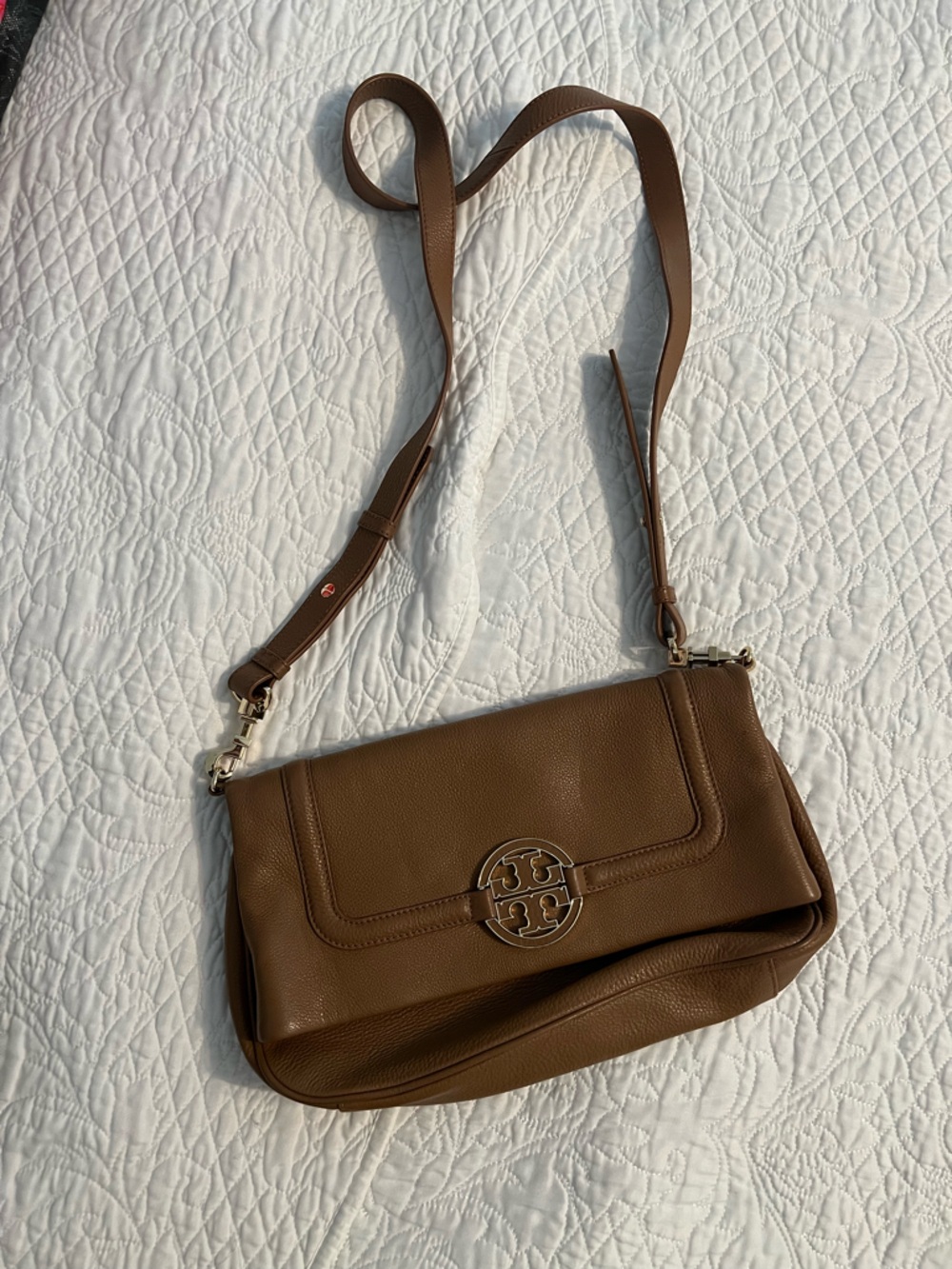 Tory Burch Brown Pebbled Leather Crossbody with Logo Medallion